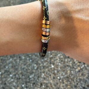 Black Cord Bracelet with Gold Beads and Crystal Accents
